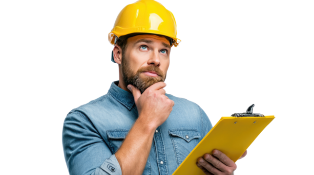 Construction Worker in Contemplation: A construction worker, helmeted and thoughtfully holding a clipboard, stares upward, immersed in problem-solving and planning.