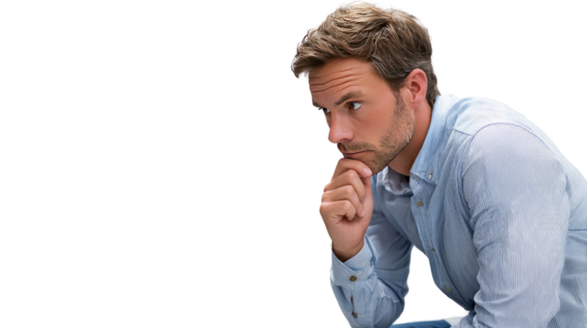 Man in Deep Thought: A thoughtful man gazes intently, his hand resting on his chin, lost in contemplation. The image evokes a sense of introspection and the weight of decision.