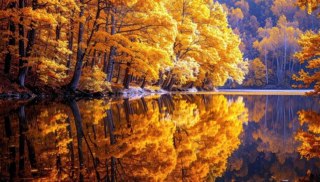A serene lake perfectly mirrors a dense forest adorned with brilliant golden and orange autumn leaves.