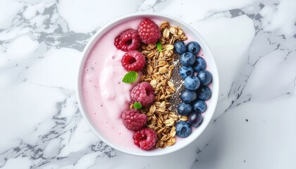 Overhead shot of a bowl of yogurt topped with granola, raspberries, and blueberries on a marble surface, showcasing a healthy food arrangement.