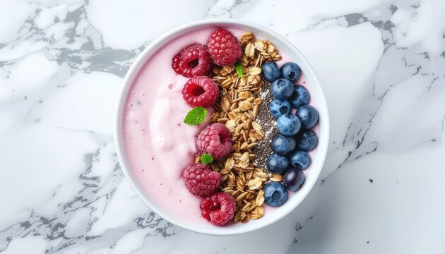 Overhead shot of a bowl of yogurt topped with granola, raspberries, and blueberries on a marble surface, showcasing a healthy food arrangement.