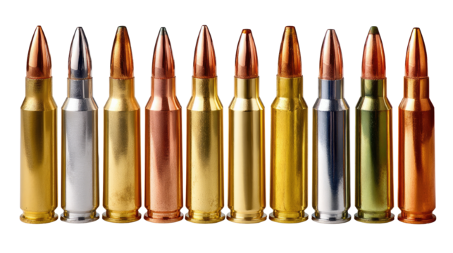 Ammunition Display: A collection of rifle bullets, arranged in a row, showcases the diverse range of ammunition available, emphasizing the power and precision engineered within each casing.