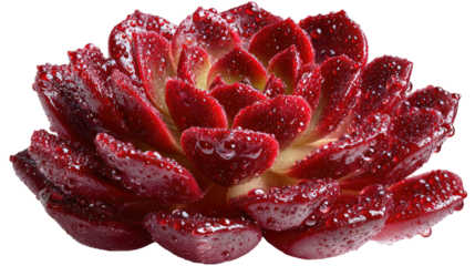 Succulent Beauty: A close-up view of a vibrant red succulent, its fleshy leaves glistening with tiny droplets of water, showcasing the plant's natural elegance.