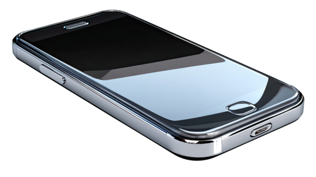 Sleek Smartphone Display: A modern smartphone with a black screen and silver frame, representing cutting-edge technology and communication.