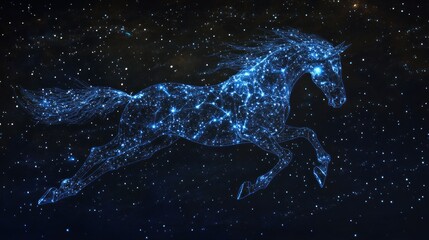 Equine constellation, form traced by stars against a dark void, mane and tail of nebulae, surreal celestial steed, starlight illumination