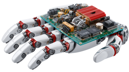 Robotic Hand with Circuit Board: A high-tech robotic hand holds a complex circuit board, showcasing the fusion of technology and innovation in engineering and electronics.
