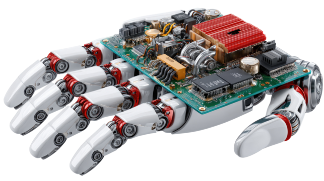 Robotic Hand with Circuit Board: A high-tech robotic hand holds a complex circuit board, showcasing the fusion of technology and innovation in engineering and electronics. - Powered by Adobe
