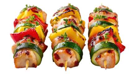 Culinary Trio: A delightful trio of grilled kebabs, each skewer artfully composed with succulent chicken, vibrant bell peppers, zucchini, and aromatic herbs, offering a taste of culinary excellence.