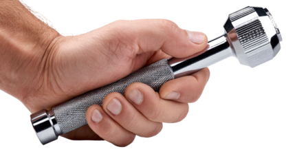 Power in Hand: A close-up shot of a firm grip on a gleaming hand-held dumbbell, signifying strength, dedication, and fitness.