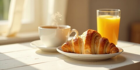 A delightful morning breakfast scene featuring a warm croissant, a steaming cup of coffee, and a refreshing glass of orange juice, all bathed in sunlight on a white wooden table.