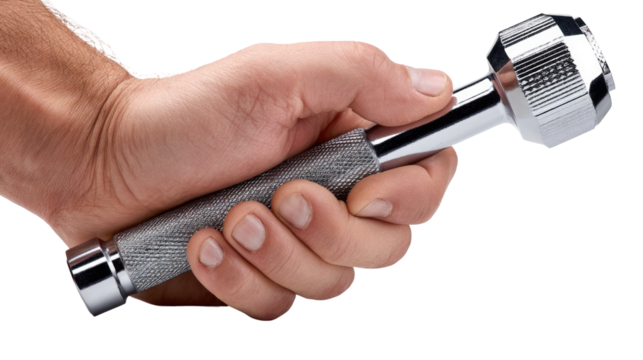 Power in Hand: A close-up shot of a firm grip on a gleaming hand-held dumbbell, signifying strength, dedication, and fitness.