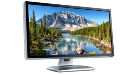 Digital Vista: A high-definition display unveils a breathtaking landscape of snow-capped mountains reflected in serene lake surrounded by a verdant forest.