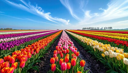 A vast field of tulips in full bloom, displaying a spectrum of colors arranged in neat rows under a clear sky.