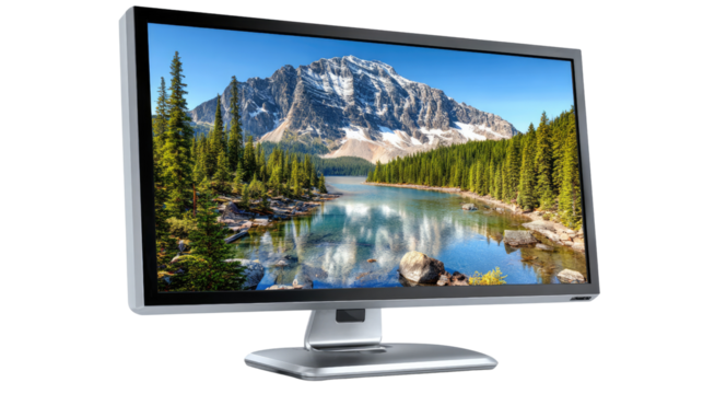 Digital Vista: A high-definition display unveils a breathtaking landscape of snow-capped mountains reflected in serene lake surrounded by a verdant forest.