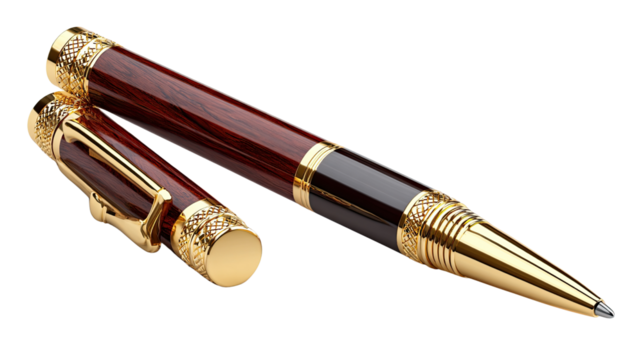 Exquisite Fountain Pen: A luxurious close-up of an elegant fountain pen, showcasing its polished metal accents, rich wood finish, and intricate design.