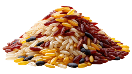 Rice Variety Pile: A colorful assortment of uncooked rice grains, a diverse selection of textures and hues, representing culinary and dietary diversity. 