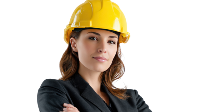 Confident Architect: A focused architect, radiating confidence and expertise, dons a protective yellow hard hat, embodying a vision of determination and knowledge.