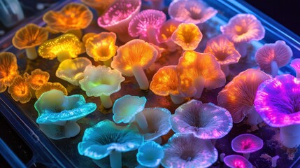A tray of confiscated, bioluminescent fungi, glowing with vibrant, unnatural colors, meticulously arranged on a sterile inspection surface, macro photography