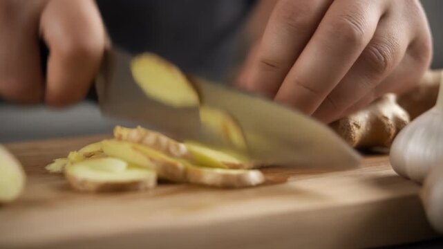 Close-up of hands slicing fresh ginger root with a knife on a wooden cutting board, preparing ingredients for cooking.