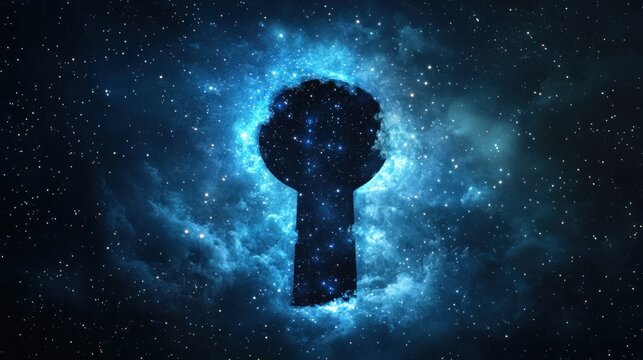 A nebula cloud forming the shape of an intricate keyhole, stars twinkling within, revealing a glimpse of another dimension, cosmic portal concept