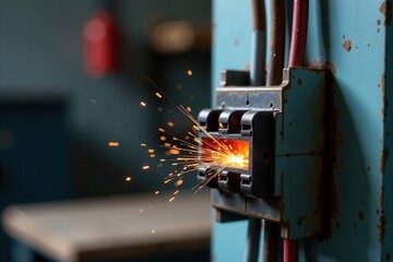 Close-up view of electrical sparks emanating from an industrial electrical box during a high-voltage surge
