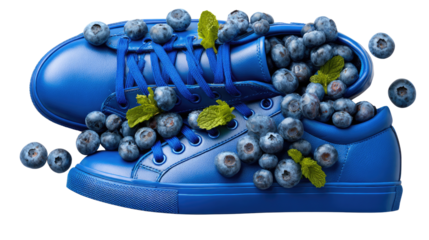Blue Sneakers Overflowing with Berries: Playful composition of vibrant blue sneakers, creatively overflowing with a burst of fresh blueberries. The sneakers are a vibrant blue.