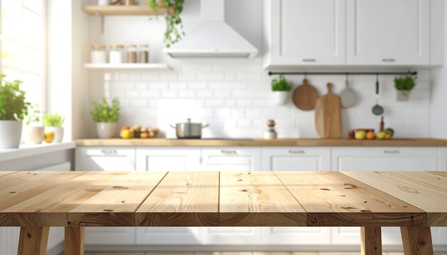 Bright Kitchen Interior with Wooden Table and Natural Light.
