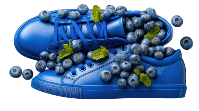 Blue Sneakers Overflowing with Berries: Playful composition of vibrant blue sneakers, creatively overflowing with a burst of fresh blueberries. The sneakers are a vibrant blue.