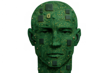 Human head appearing as a green circuit board, integrating microchips. Symbolizing ai, technology, and advanced computing