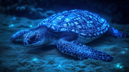 Leatherback Sea Turtle, its leathery shell inscribed with glowing, ancient oceanic runes, surreal mystical navigator texture, deep blue bioluminescent light
