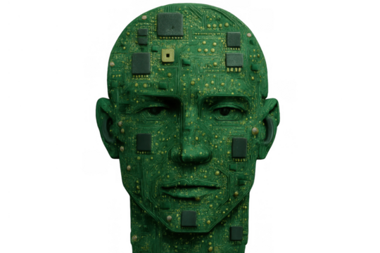 Human head appearing as a green circuit board, integrating microchips. Symbolizing ai, technology, and advanced computing