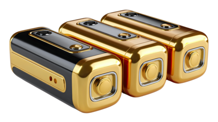 Elegant Gadgets in Trio: A trio of sleek and stylish gadgets, each finished in gold and black, creating a visual symphony of modern design and technological innovation.