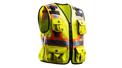 Safety Vest: An eye-level shot of a reflective safety vest showcasing its prominent features and design.