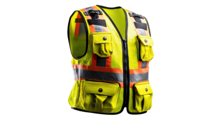 Safety Vest: An eye-level shot of a reflective safety vest showcasing its prominent features and design.