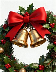 Shiny gold Christmas bells decoration with red ribbon and holly for holiday tree celebration