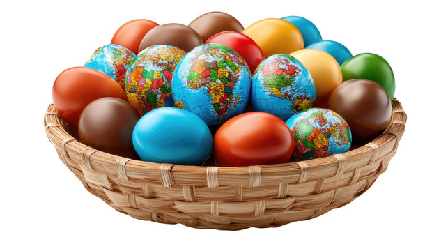 Easter Eggs World Collection: A collection of uniquely decorated eggs, some adorned with miniature world maps, resting in a woven basket, suggesting themes of global unity, celebration.