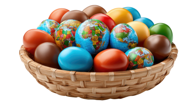 Easter Eggs World Collection: A collection of uniquely decorated eggs, some adorned with miniature world maps, resting in a woven basket, suggesting themes of global unity, celebration.