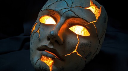 Ancient Greek theatrical mask (comedy/tragedy), terracotta, exaggerated features, cracks reveal glowing energy within, stage footlights