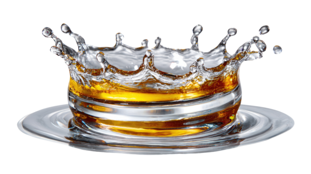 Liquid Crown: A captivating display showcases a liquid crown of water formed upon a elegant glass and saucer, embodying the essence of pure refreshment and fluidity.