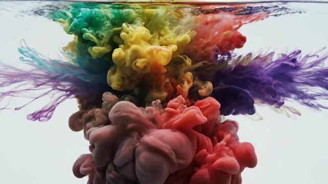 Dynamic swirling of vibrant colorful ink in clear water, creating an abstract explosion of pigments, symbolizing complexity and fluid creative energy