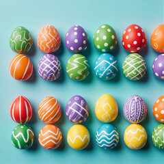 Twenty-four brightly painted Easter eggs featuring diverse white decorative patterns are neatly arranged in rows on a light blue surface.