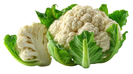 Fresh cauliflower delight: This image showcases a vibrant cauliflower with lush green leaves, highlighting the freshness and nutritional value. 