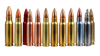 Ammunition Display: A meticulously arranged assortment of glistening bullets, each with a unique metallic sheen, displayed against a backdrop, highlighting their craftsmanship and diversity.