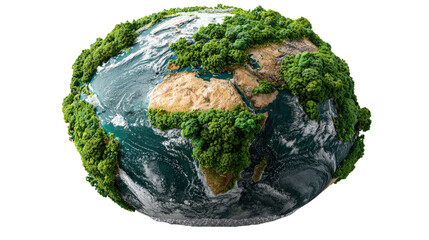 Eco Earth: A vibrant model of planet earth, lush green vegetation symbolizing the rich tapestry of life, inviting us to contemplate our shared responsibility.
