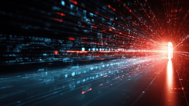 A futuristic scene depicting light trails emerging from a bright portal, suggesting motion, technology, and digital transitions.