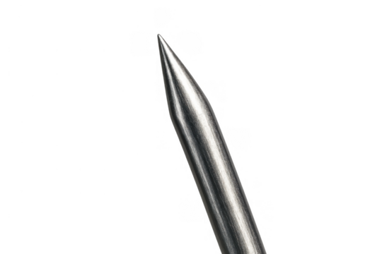 Close-up view of a metal needle with a highly defined point, displayed against a clear background for a wide range of uses