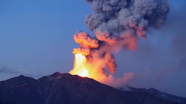 active volcano erupting lava and fire in mountain landscape. volcanology magma