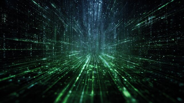 A dynamic, abstract visualization of data streams, featuring green lines and particles creating a sense of depth and movement in a digital environment.