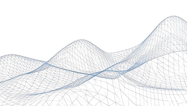 Abstract Wireframe Landscape with Peaks and Valleys on White.
