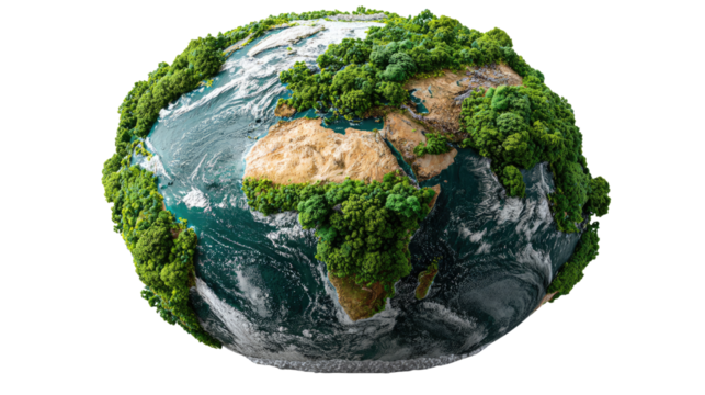 Eco Earth: A vibrant model of planet earth, lush green vegetation symbolizing the rich tapestry of life, inviting us to contemplate our shared responsibility.